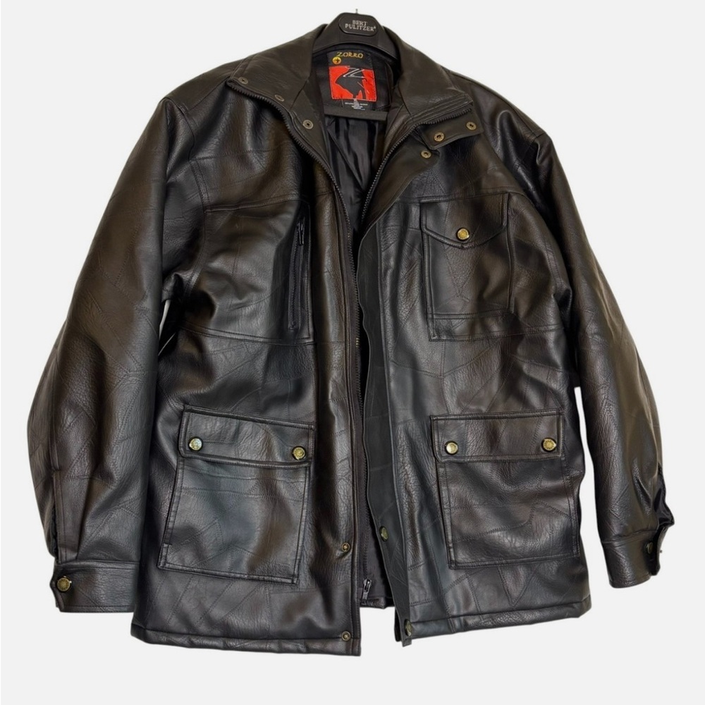 Men's Black Faux Leather Field Jacket Quilted Car Coat Lined XL